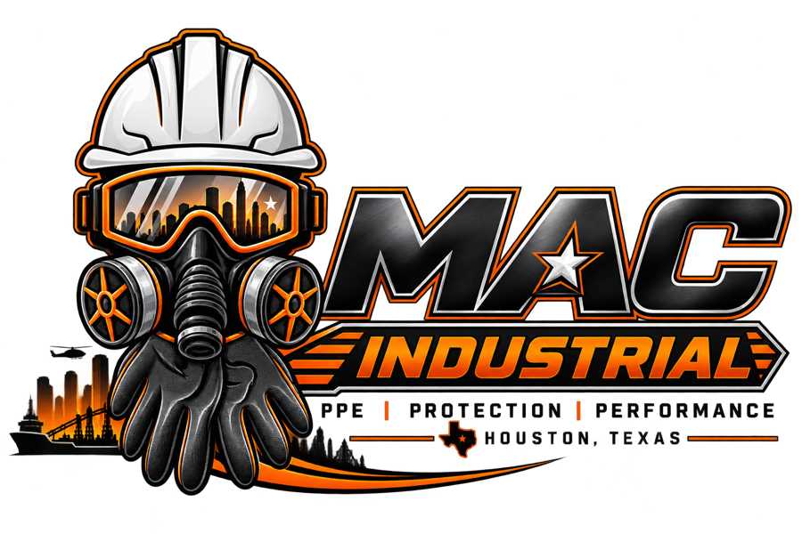 MAC Industrial logo — hard hat, goggles, respirator and gloves over the Houston skyline